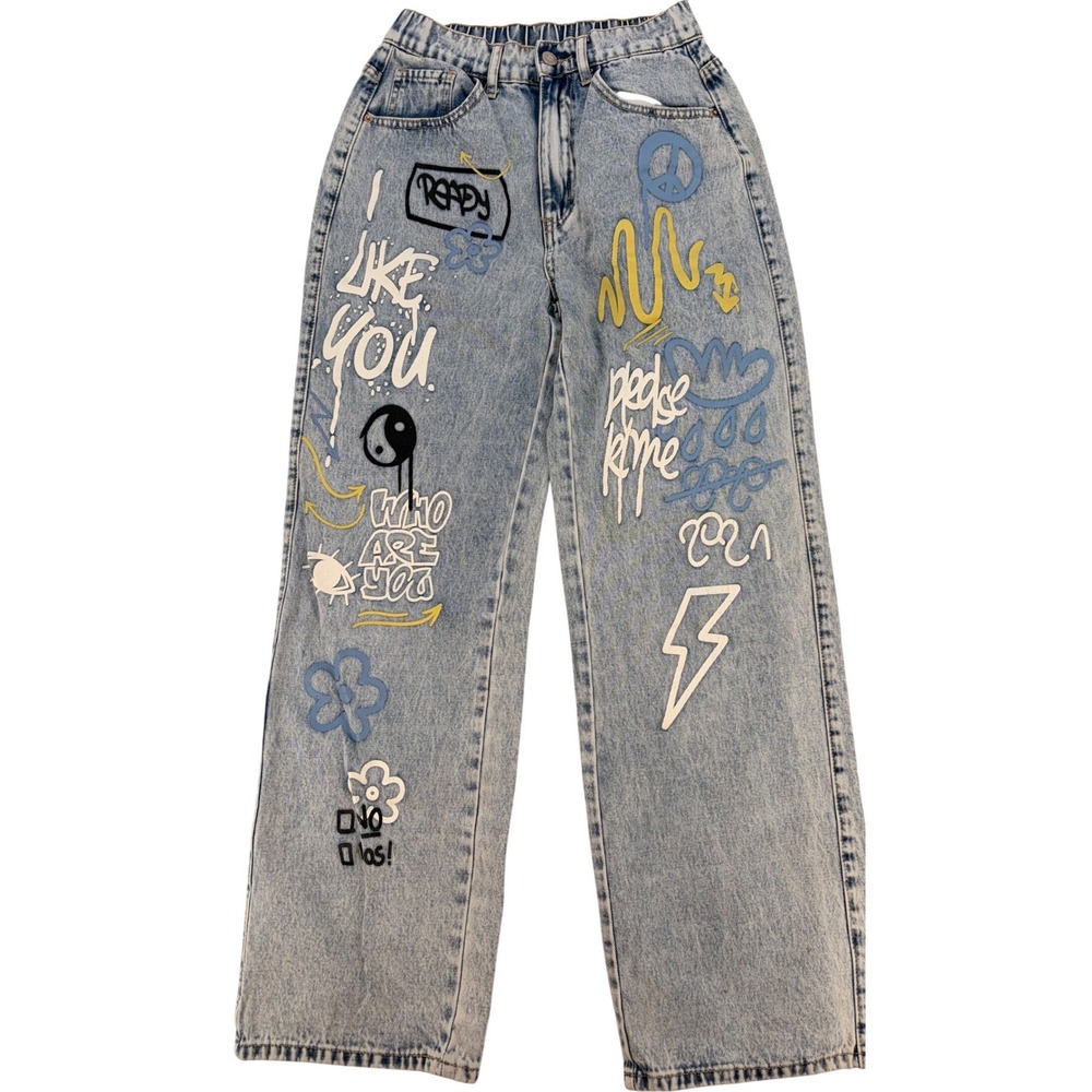 Y2K Graffiti Wide Leg Jeans Light Wash Streetwear Skater Pants Womens M